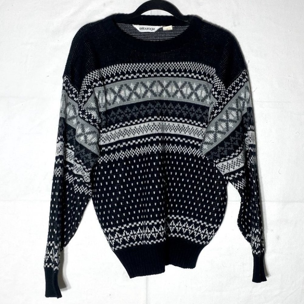 Vintage 90s Entourage Black White Knit Crew Neck Sweater M Dadcore Grandpacore